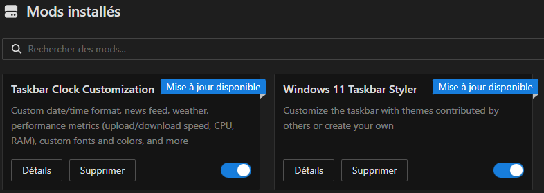 Mods Windhawk installés : Taskbar Clock Customization et Windows 11 Taskbar Styler