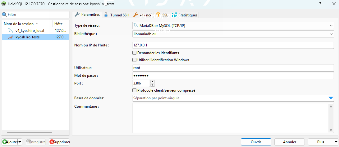 HeidiSQL : interface de connexion