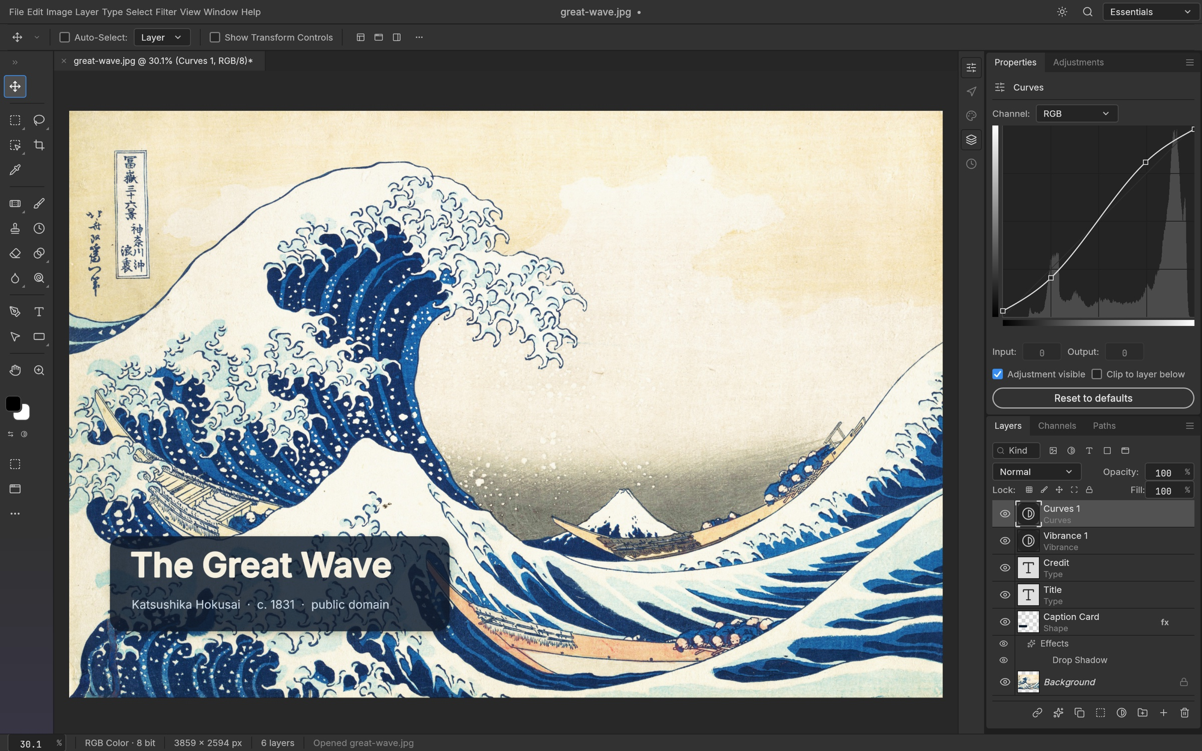 PhotoCraft : calques de texte et de réglage, avec l’éditeur de courbes ouvert. Capture fournie par le projet ; œuvre d’Hokusai dans le domaine public.<br>

