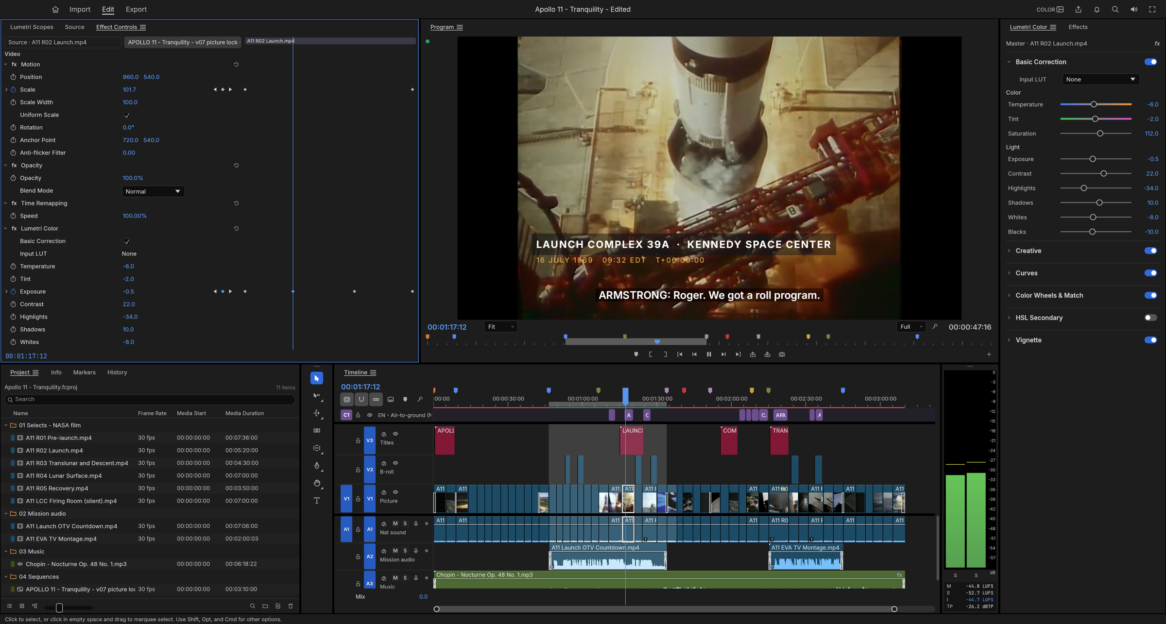 FilmCraft : montage d’images d’Apollo 11, avec timeline, sous-titres et réglages colorimétriques. Capture fournie par le projet ; images NASA dans le domaine public.